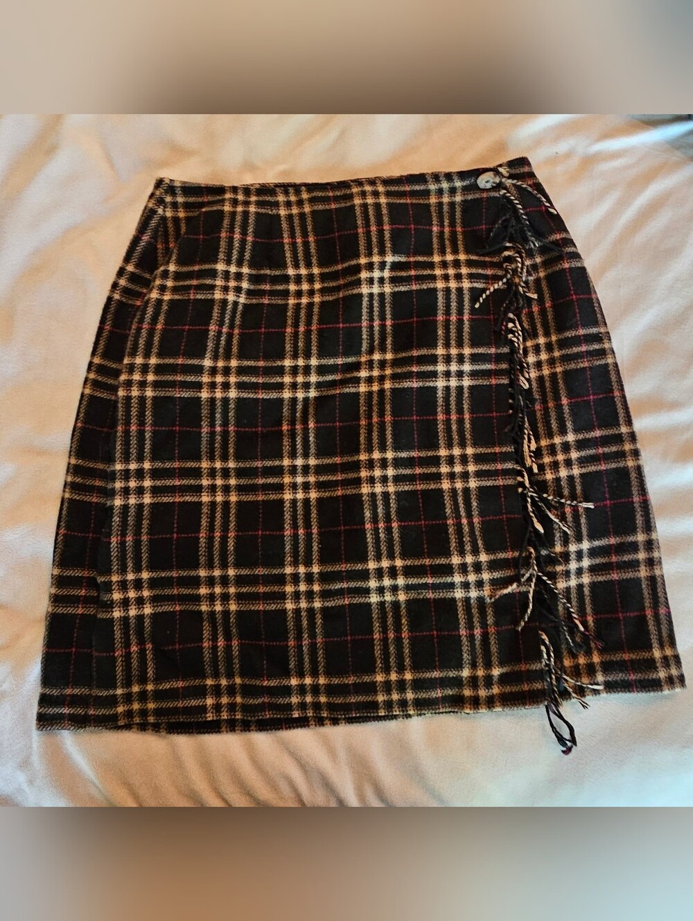 Plaid Fringe Wrap Mini Skirt - Black/Tan/Red